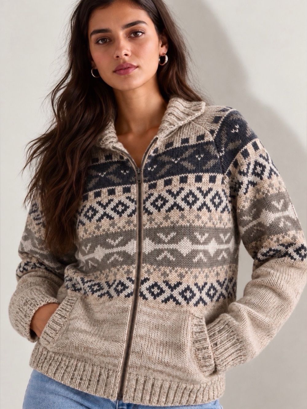 Vintage BEAVER CANOE Nordic Fair Isle Wool Zip-Up Sweater Jacket Size M